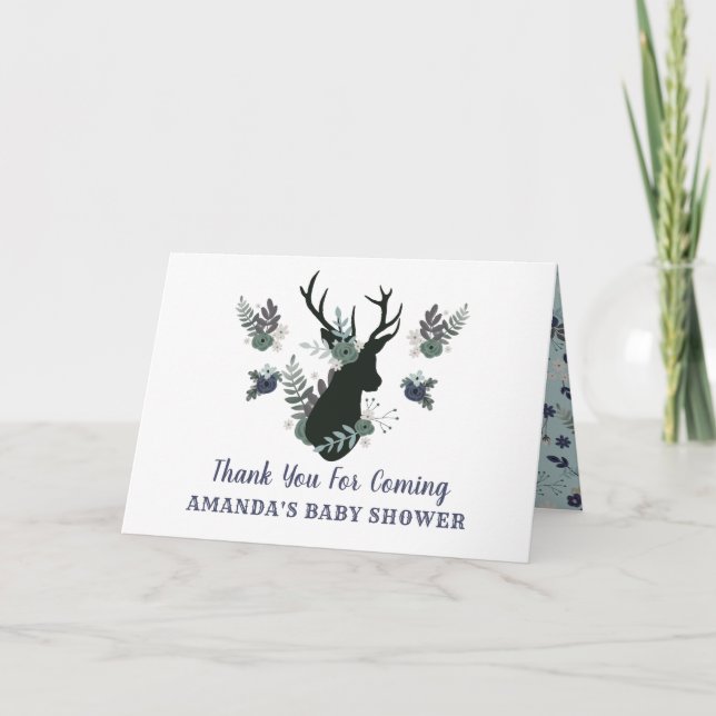Rustic Deer Head Blue Floral Baby Shower Thank You (Front)