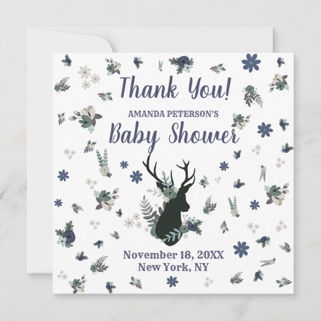 Rustic Deer Head Blue Floral Baby Shower Thank You Card (Front)