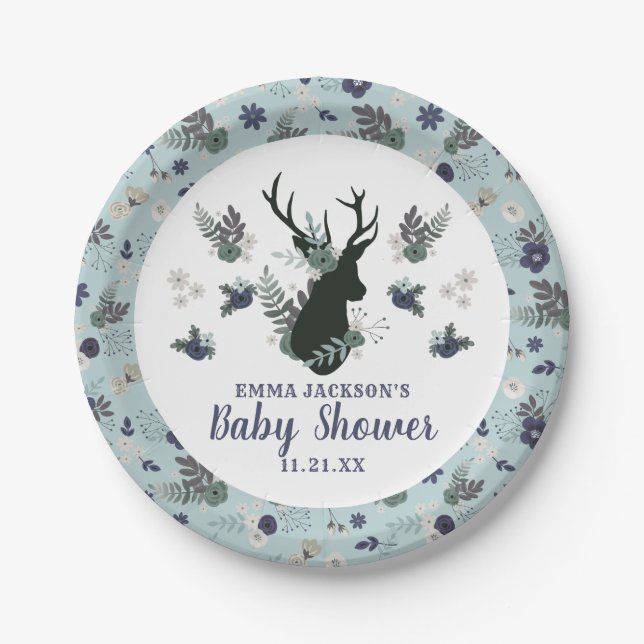 Rustic Deer Head Blue Floral Girl Baby Shower Paper Plate (Front)