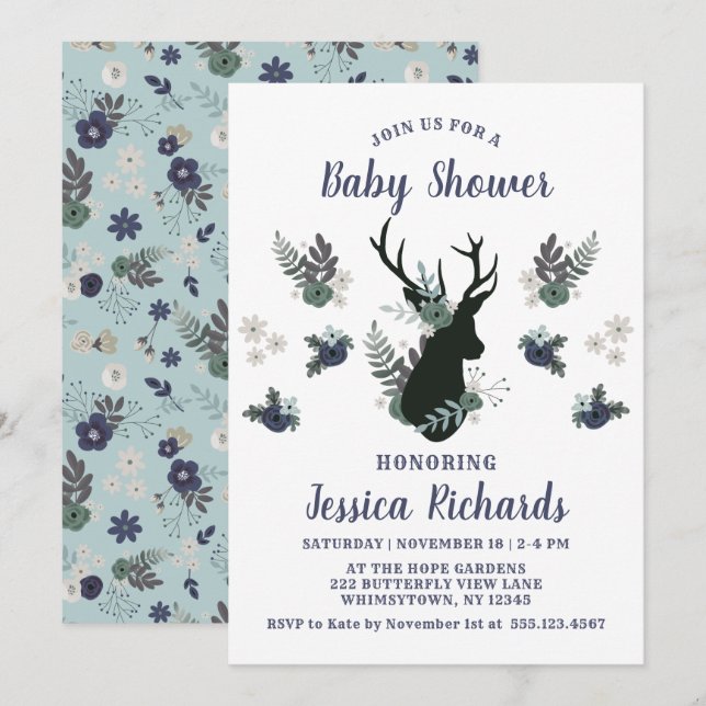 Rustic Deer Head Blue Floral Modern Baby Shower Invitation (Front/Back)