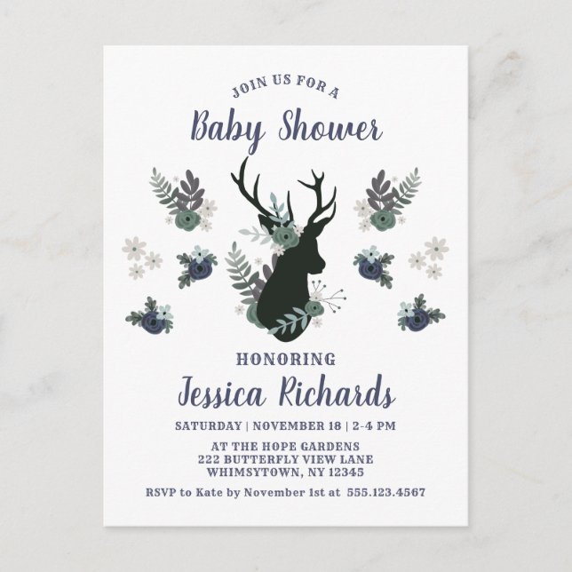 Rustic Deer Head Blue Floral Modern Baby Shower Invitation Postcard (Front)
