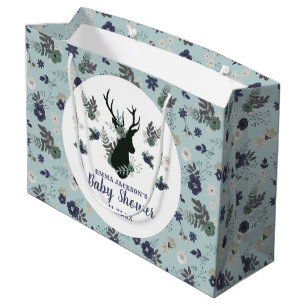 Rustic Deer Head Blue Floral Modern Baby Shower Large Gift Bag