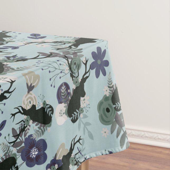 Rustic Deer Head Blue Floral Modern Baby Shower Tablecloth (In Situ)