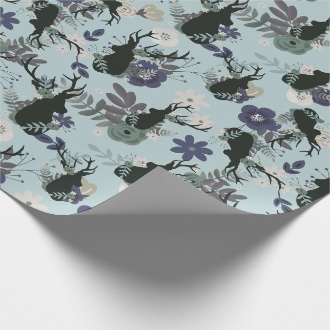 Rustic Deer Head Blue Floral Modern Baby Shower Wrapping Paper (Corner)