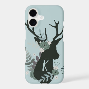 Rustic Deer Head Blue Floral Monogram Initial