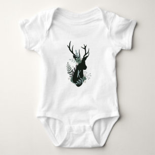 Rustic Deer Head Blue Floral Monogram Initial Baby Bodysuit