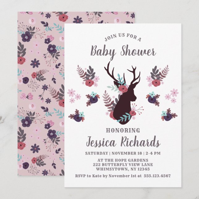 Rustic Deer Head Mauve Floral Girl Baby Shower Invitation (Front/Back)