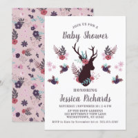 Rustic Deer Head Mauve Floral Girl Baby Shower