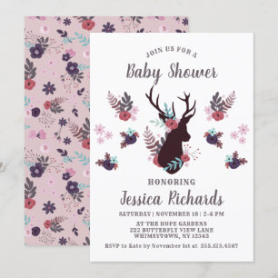 Rustic Deer Head Mauve Floral Girl Baby Shower Invitation