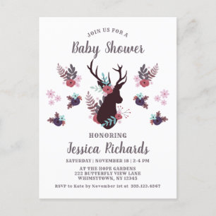 Rustic Deer Head Mauve Floral Girl Baby Shower Invitation Postcard