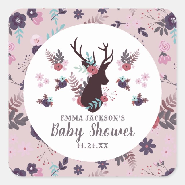 Rustic Deer Head Mauve Floral Girl Baby Shower Square Sticker (Front)