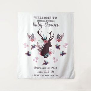 Rustic Deer Head Mauve Floral Girl Baby Shower Tapestry