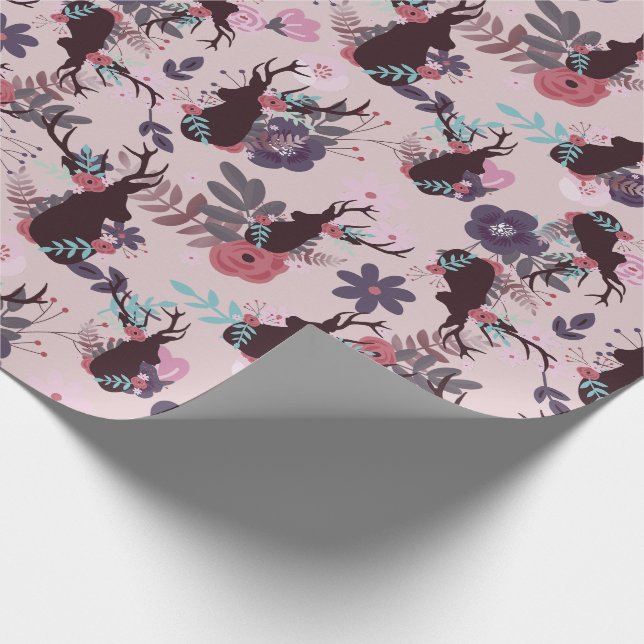Rustic Deer Head Mauve Floral Girl Baby Shower Wrapping Paper (Corner)