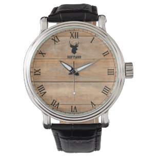 Rustic Deer Head Natural Wood Personalized Name Watch