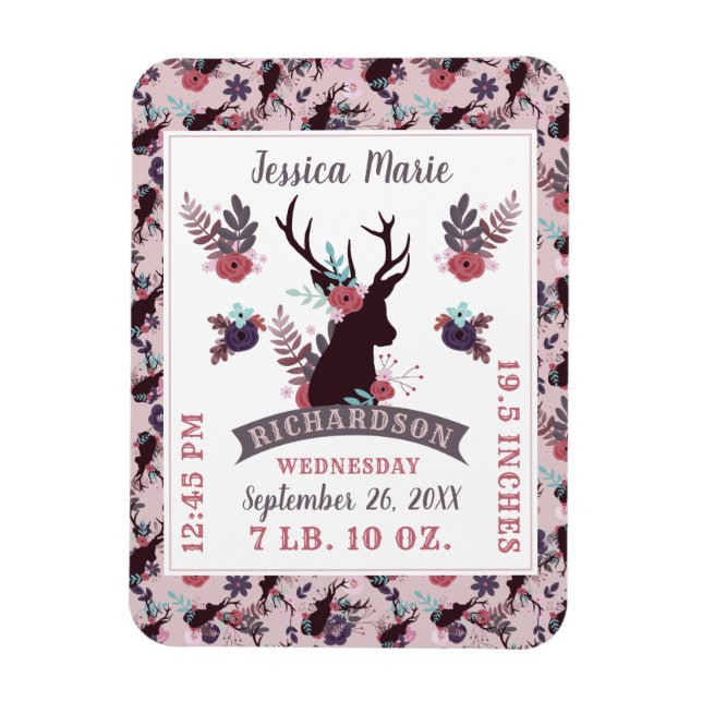 Rustic Deer Head New Baby Girl Birth Record Stats Magnet (Vertical)