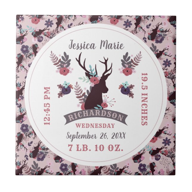 Rustic Deer Head New Baby Girl Birth Record Stats Tile (Front)