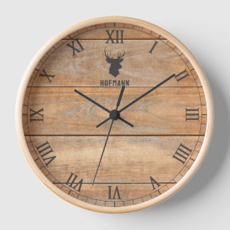 Rustic Deer Head Round Natural Wood Personalised  Clock