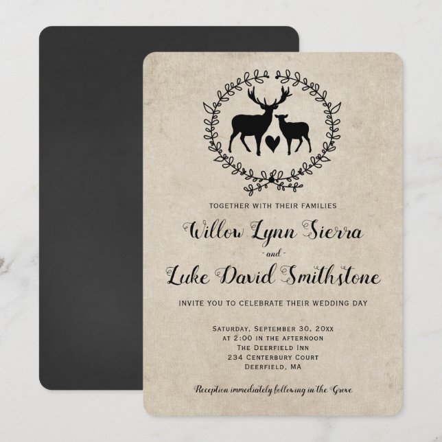 Rustic Deer Heart Wreath Kraft Wedding Invitation (Front/Back)