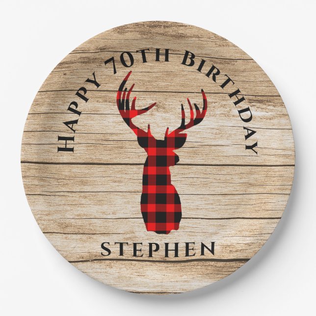 Rustic Deer Hunter Theme 70th Birthday Party  Paper Plate (Front)