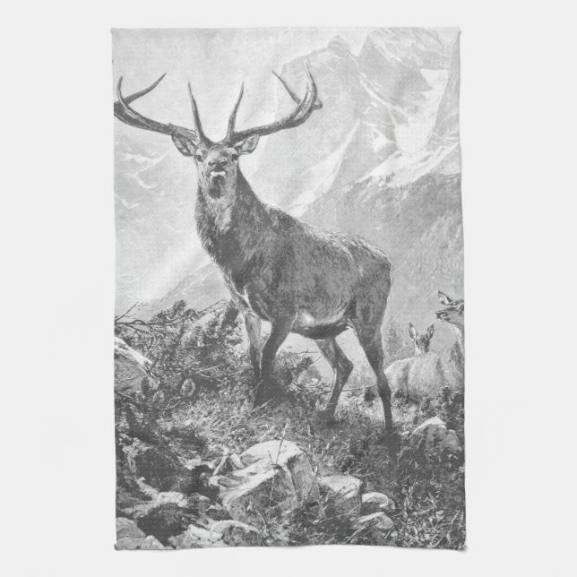 Rustic Deer in the High Mountains Tea Towel (Vertical)