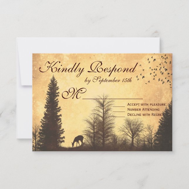 Rustic Deer in Trees Country Wedding RSVP Cards (Front)