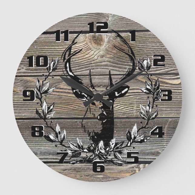 Rustic Deer Laurel leaves Old Wooden Boards Large Clock (Front)
