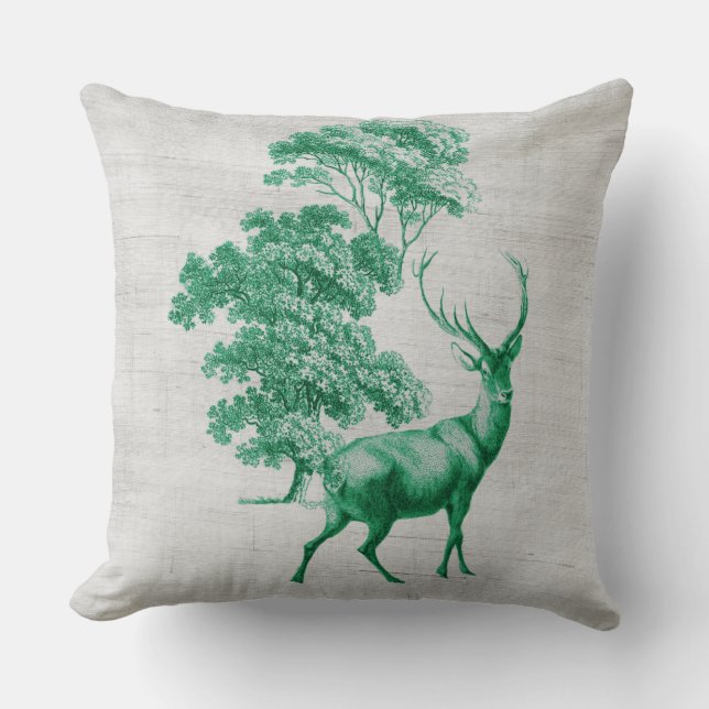 Rustic Deer on Canvas Grain Sack Green Cushion (Front)