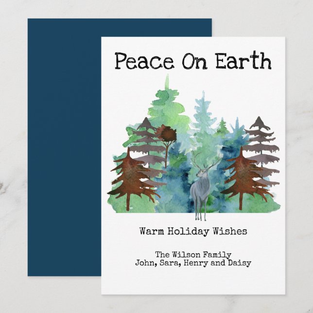 Rustic Deer Pine Tree Outdoors Peace Holiday Card (Front/Back)