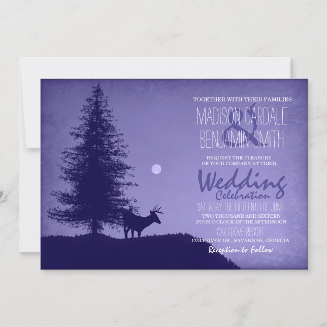 Rustic Deer Pine Tree Purple Wedding Invitations (Front)