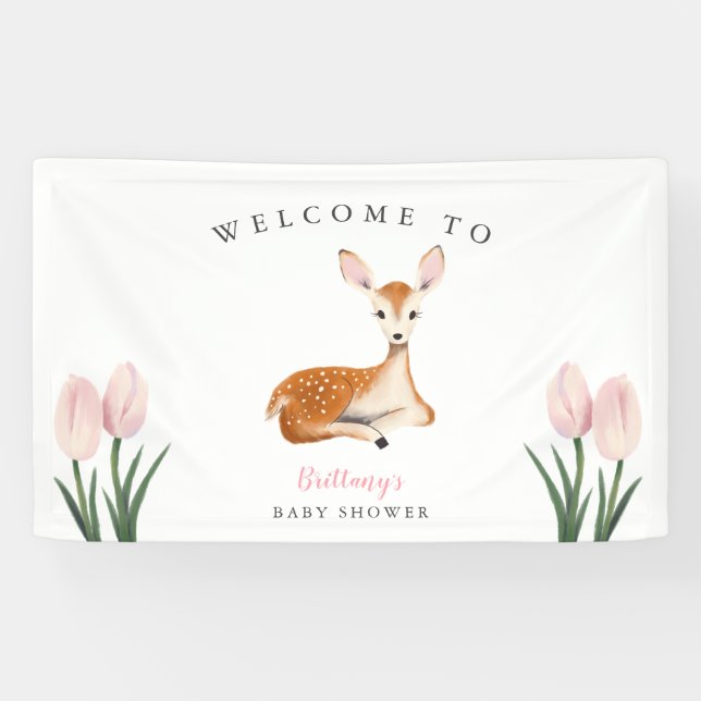 Rustic Deer Pink Floral Baby Shower Welcome Banner (Horizontal)
