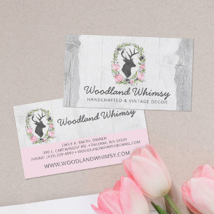 Rustic Deer Silhouette Floral Wreath Cameo on Wood Business Card