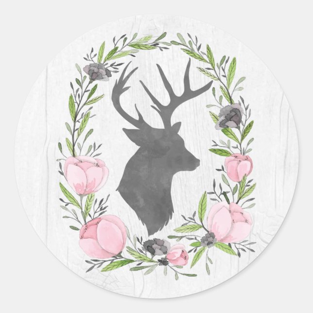 Rustic Deer Silhouette Floral Wreath Cameo on Wood Classic Round Sticker (Front)
