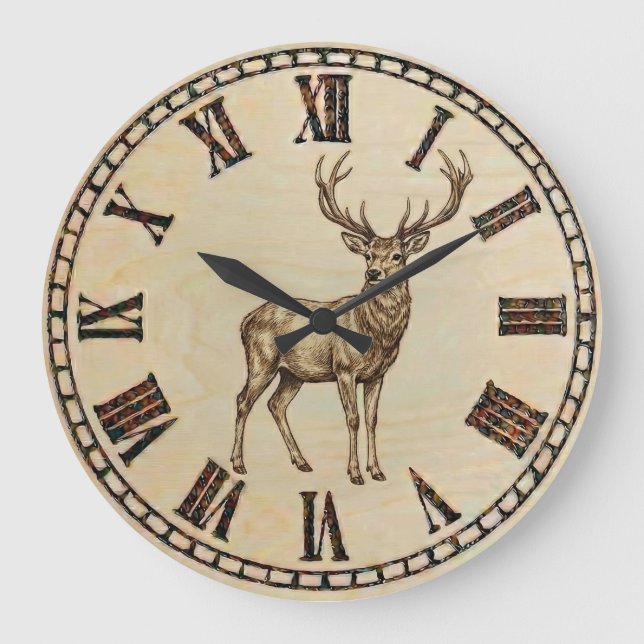 Rustic Deer Wall Clock – Woodland Wildlife Art (Front)