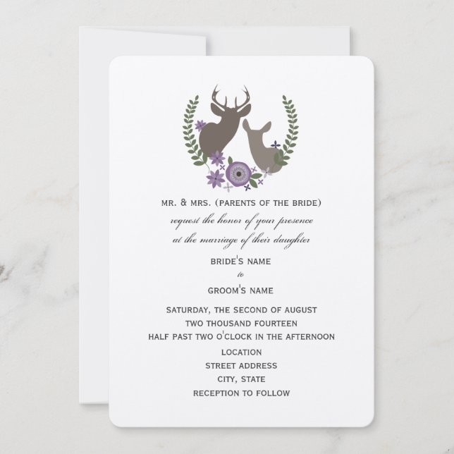 Rustic Deer Wedding - Purple Floral Invitation (Front)