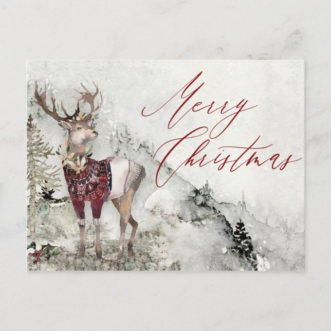 Rustic Deer Winter Snow Scene Christmas Postcard (Front)