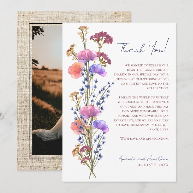 Rustic Delicate Acrylic Floral Photo Thank You  Card (Front/Back)