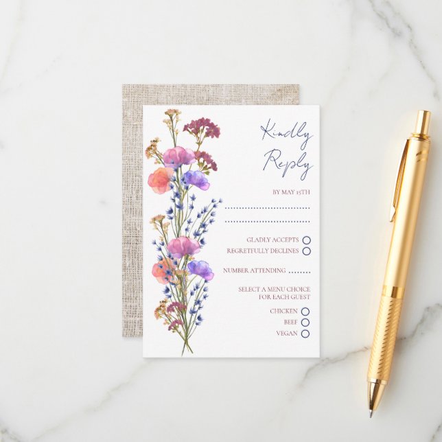 Rustic Delicate Acrylic Floral RSVP Wedding  Enclosure Card (Front/Back In Situ)