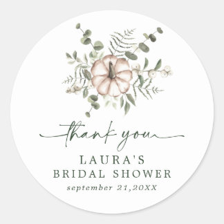 Rustic Delicate Pumpkin Bridal Shower Thank You Classic Round Sticker