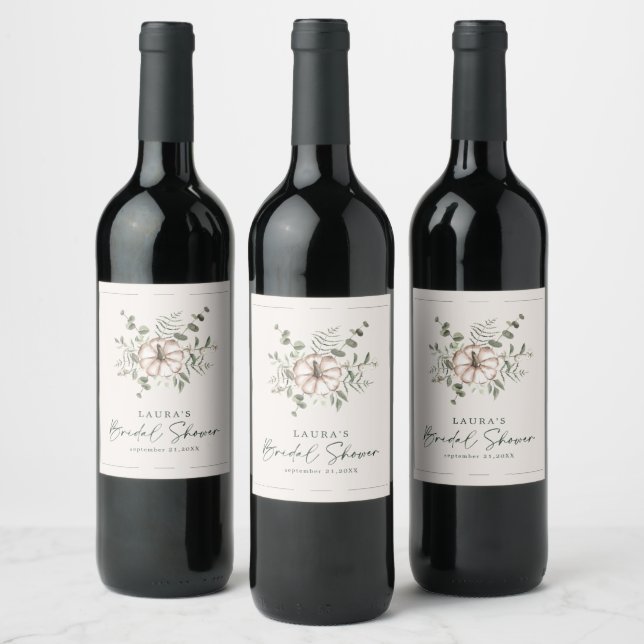 Rustic Delicate Pumpkin Fall Bridal Shower Wine Label (Bottles)