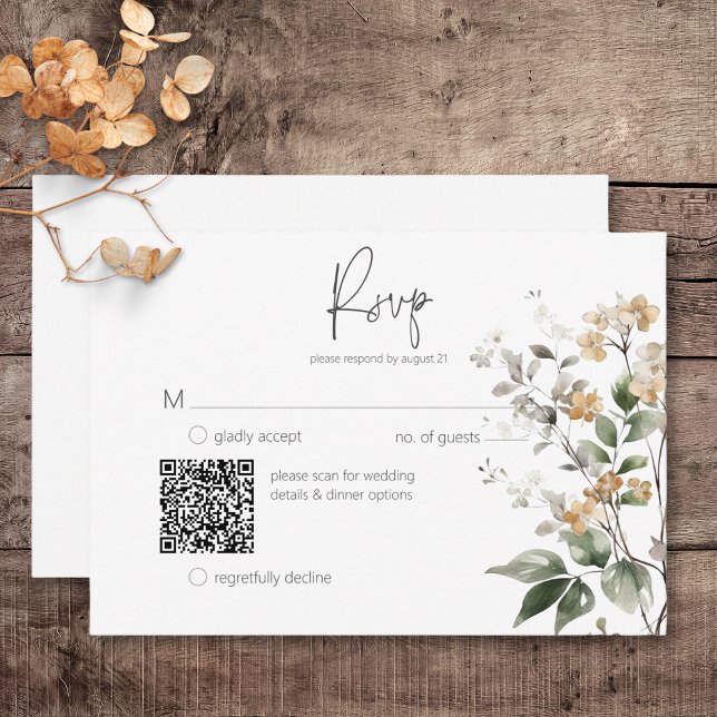 Rustic Delicate Tan Fall Wildflower QR Code RSVP Card (Rustic Delicate Tan Fall Wildflowers Wedding Response Card with QR Code)