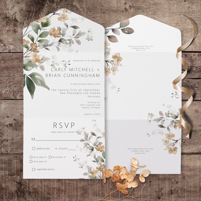 Rustic Delicate Tan Fall Wildflowers Dinner All In One Invitation (Rustic Delicate Tan Fall Wildflowers All In One Wedding Invitation with Dinner Options)