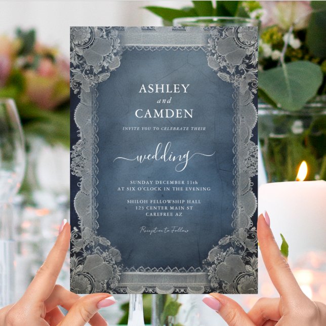 Rustic Denim Blue and Lace Wedding Invitation (Creator Uploaded)