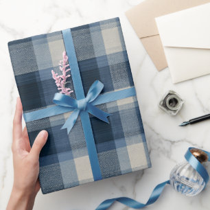 Rustic Denim Blue Farm Check Faded Plaid Pattern Wrapping Paper