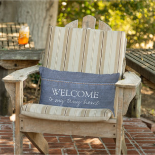 Rustic denim blue pattern Welcome to my tiny home Lumbar Cushion