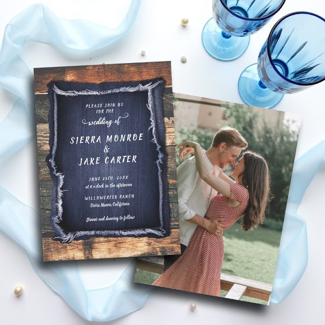 Rustic Denim Handwritten Country Cowboy Wedding Invitation (cowboy wedding invitation country chic denim rustic barn backyard outdoors elegant classy photo)