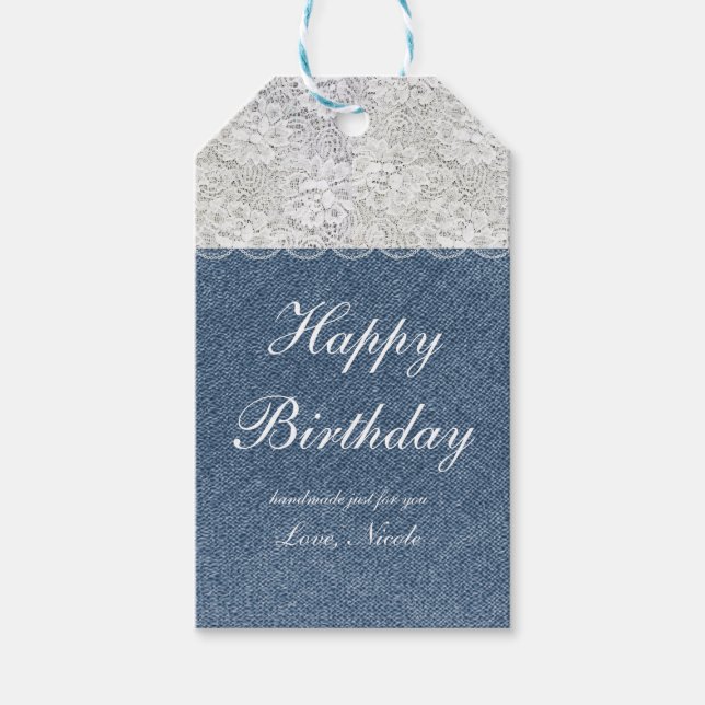 Rustic Denim & Lace Holiday Christmas Gift Tag (Front)
