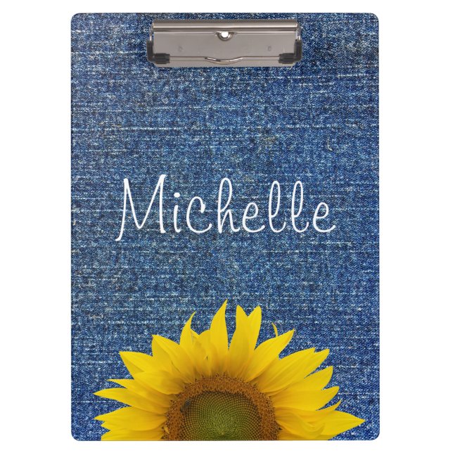 Rustic Denim Look Monogram Sunflower Clipboard (Front)