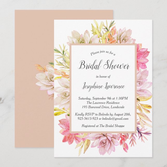 Rustic Desert Succulents Bridal Shower Invitations (Front/Back)