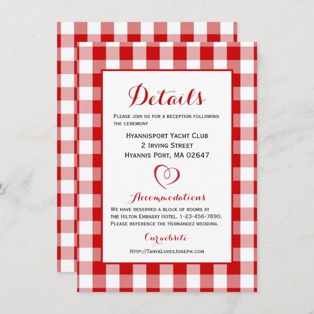 Rustic Details Directions Gingham Red White Checks Invitation (Front/Back)