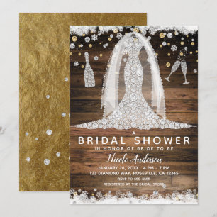 Rustic Diamond Wedding Dress Gold Bridal Shower Invitation